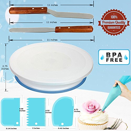 70 Pcs Cake Decorating Equipment -Turntable-Rotating Cake stand-24 Numbered Easy to use Icing Tips with Pattern Chart and E.Book-Straight and Angled Spatula-3 Cake Scrapers (70)