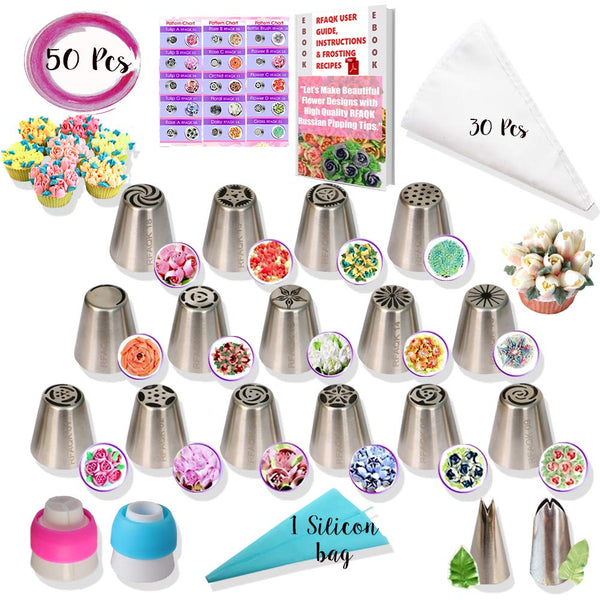 RFAQK - 50 Pcs Russian Piping Tips Set- 15 Numbered, Easy to Use Icing Nozzles - 2 Leaf Tips - 2 Couplers -30 Icing Bags -1 Pastry Bag- Pattern Chart,E.Book User Guide, cupcake decorating Kit supplies
