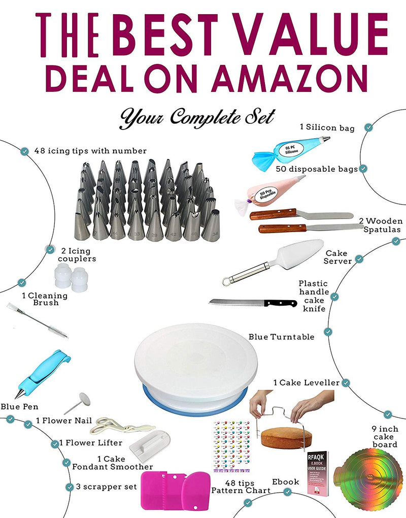 RFAQK 116pcs Cake Decorating Equipment turntable- Professional Decorating kit and tools- 48 Pcs Piping tips and bags with pattern chart & EBook-Straight & Offset Spatula-Baking equipment & accessories