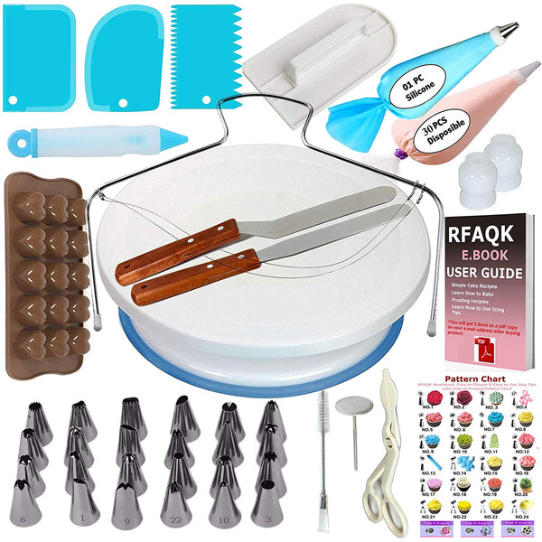 70 Pcs Cake Decorating Equipment -Turntable-Rotating Cake stand-24 Numbered Easy to use Icing Tips with Pattern Chart and E.Book-Straight and Angled Spatula-3 Cake Scrapers (70)