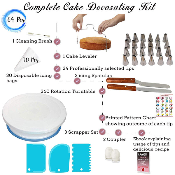 RFAQK 64 PCs Cake decorating supplies kit with Cake Turntable-Cake leveler-24 Numbered Piping Tips with Pattern Chart & EBook- Straight & Offset Spatula-30 Icings Bags- 3 Icing smoother Scraper set