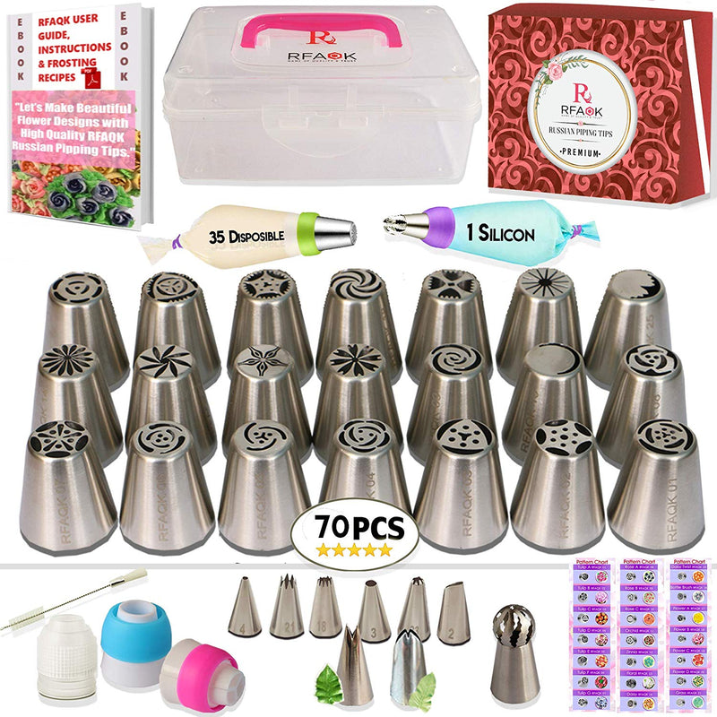 RFAQK- 70 Pcs Russian piping tips set with storage case - Cake decorating supplies kit - 28 Numbered easy to use icing nozzles (21 Russian + 6 Icing + 1 Ball tip) - Pattern chart, EBook User Guide
