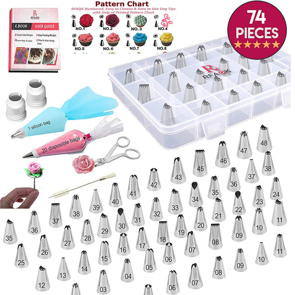 74 PCs Piping Bags and Tips-48 Numbered Piping Tips & Pastry bags with Pattern Chart & EBook- Flower Lifter &Nail, Frosting Icing tips, Cupcake Cookie Cake decorating tips supplies kit & baking tools