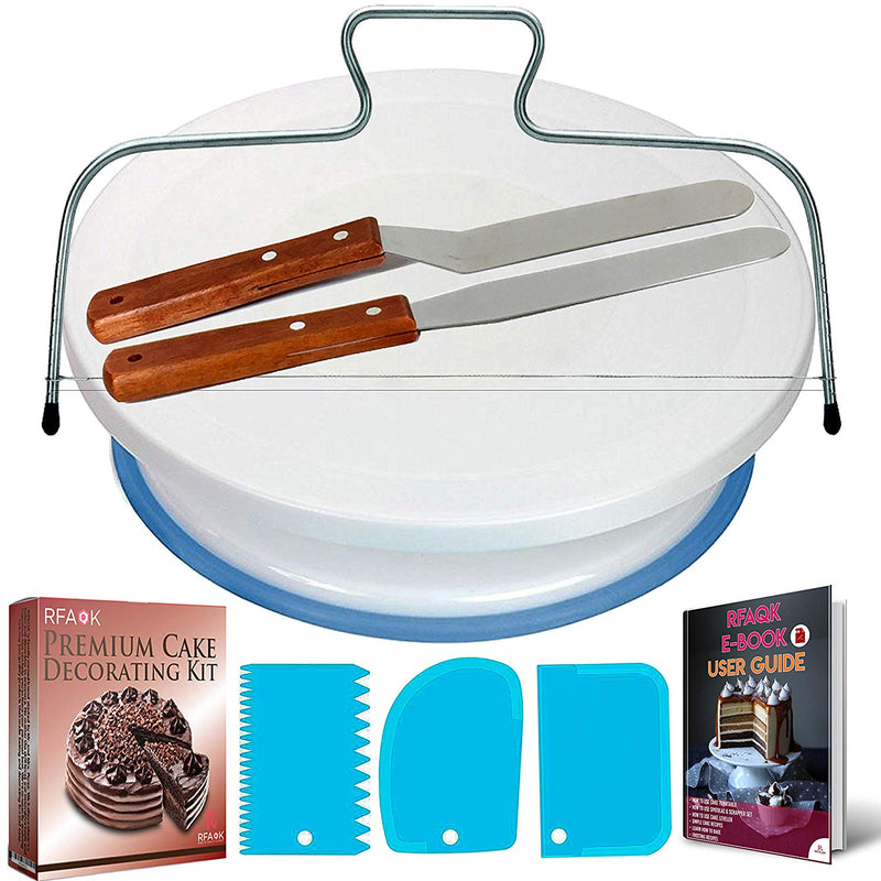 Cake Turntable and Leveler-Rotating Cake Stand with Non Slip pad- Straight & Offset Spatula-3 Icing Smoother Scraper Set -EBook-Cake Decorating Supplies Kit for Beginners -Baking Tools & Accessories