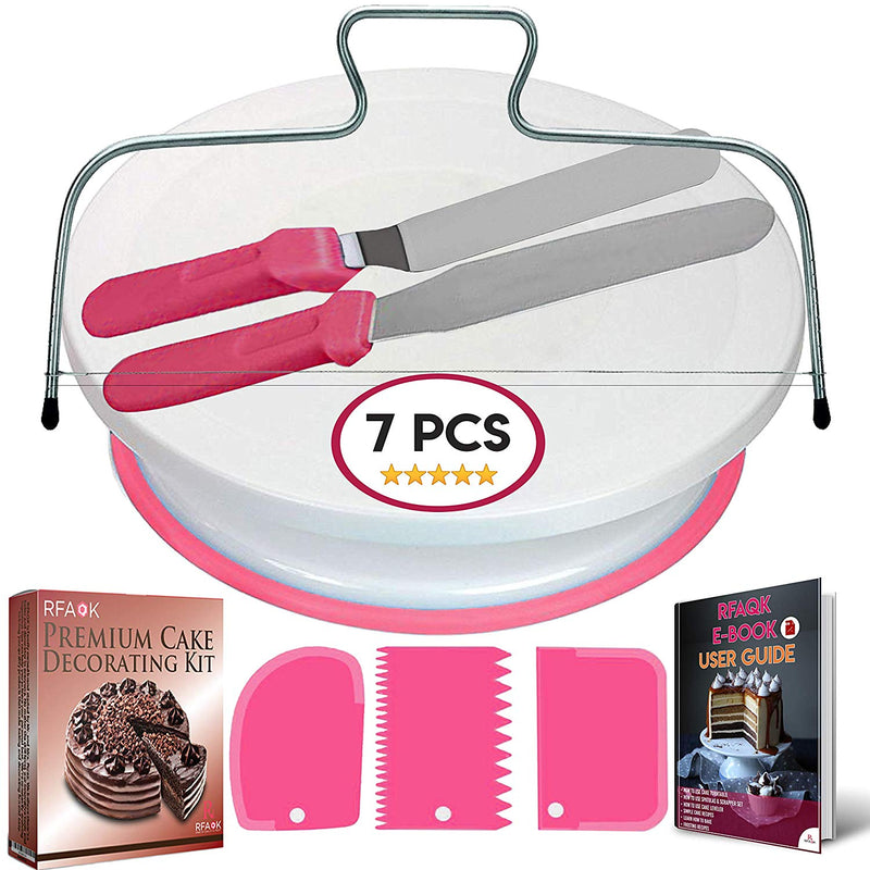 Cake Turntable and Leveler-Rotating Cake Stand with non slip pad- Straight & Offset Spatula-3 Icing Smoother Scraper Set -EBook-Cake Decorating Supplies Kit for Beginners -Baking Tools & Accessories