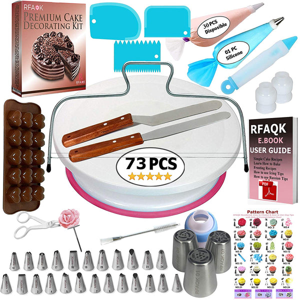 73 pcs Cake Decorating Supplies Kit for Beginners-1 Turntable stand-24 Numbered icing tips with pattern chart and E.Book-1 Cake Leveler-Straight & Angled Spatula-3 Russian Piping nozzles-Baking tools