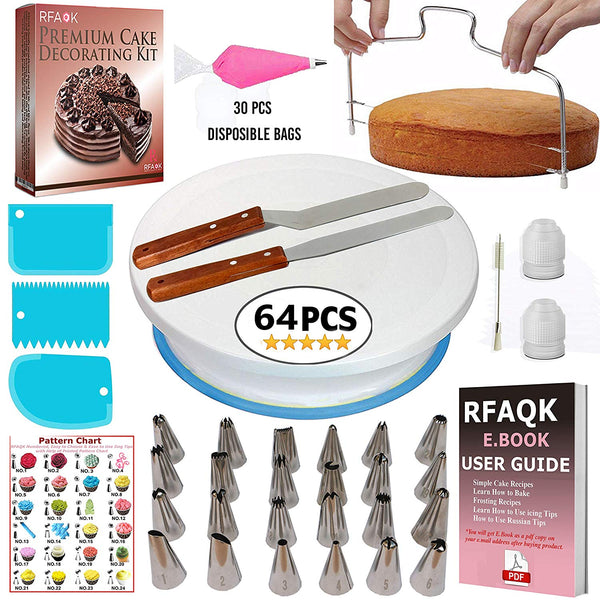 RFAQK 64 PCs Cake decorating supplies kit with Cake Turntable-Cake leveler-24 Numbered Piping Tips with Pattern Chart & EBook- Straight & Offset Spatula-30 Icings Bags- 3 Icing smoother Scraper set