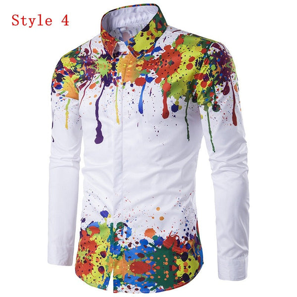 Men Shirts 3D Ink Printed Long Sleeve Autumn Spring Lapel Casual Hip Pop Slim Fit Fashion Paint Dress Shirts Top Plus Size 3XL