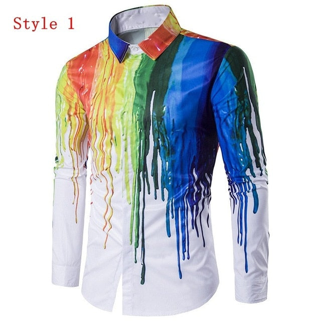 Men Shirts 3D Ink Printed Long Sleeve Autumn Spring Lapel Casual Hip Pop Slim Fit Fashion Paint Dress Shirts Top Plus Size 3XL