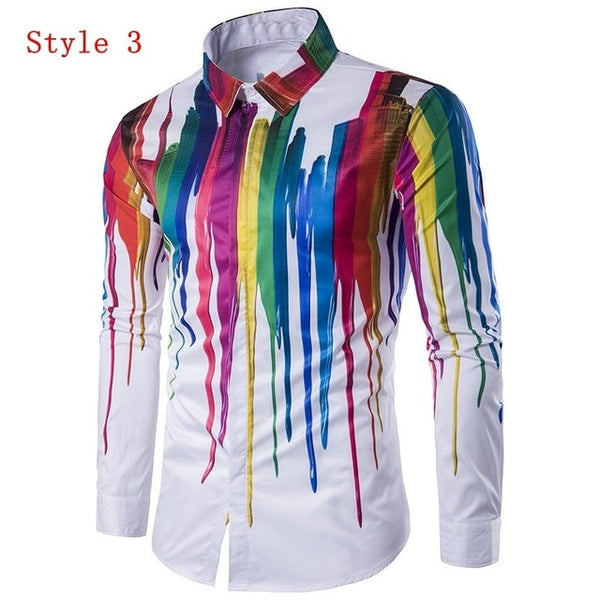 Men Shirts 3D Ink Printed Long Sleeve Autumn Spring Lapel Casual Hip Pop Slim Fit Fashion Paint Dress Shirts Top Plus Size 3XL