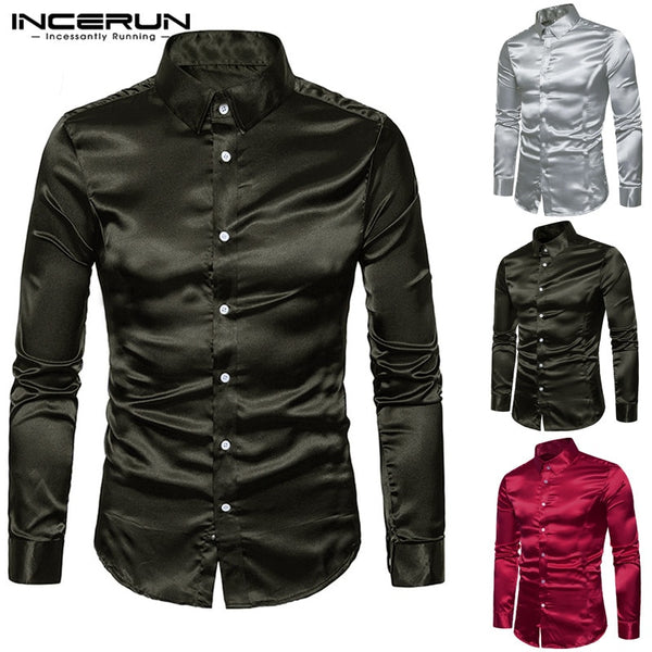 Fashion Silk Satin Dress Men Shirt Long Sleeve Formal Chemise Hombre Slim Fit Shiny Silver Camisa Masculina 3XL Club Party