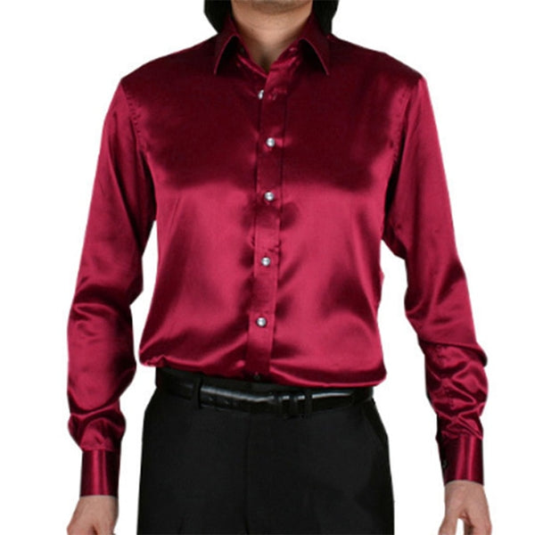 Fashion Silk Satin Dress Men Shirt Long Sleeve Formal Chemise Hombre Slim Fit Shiny Silver Camisa Masculina 3XL Club Party