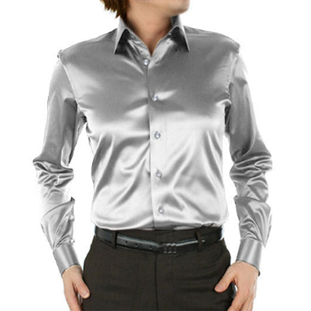 Fashion Silk Satin Dress Men Shirt Long Sleeve Formal Chemise Hombre Slim Fit Shiny Silver Camisa Masculina 3XL Club Party